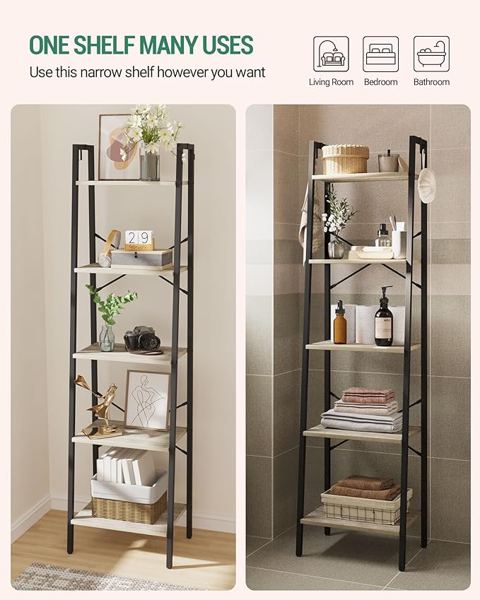 Hzuaneri Ladder Shelf, Bookshelf Bookcase, Freestanding Corner Storage Shelve with 2 Hooks for Home Office, Living Room, Kitchen, Bedroom, Industrial, 11.8" D x 17.3" W x 63" H, Greige BC19205B