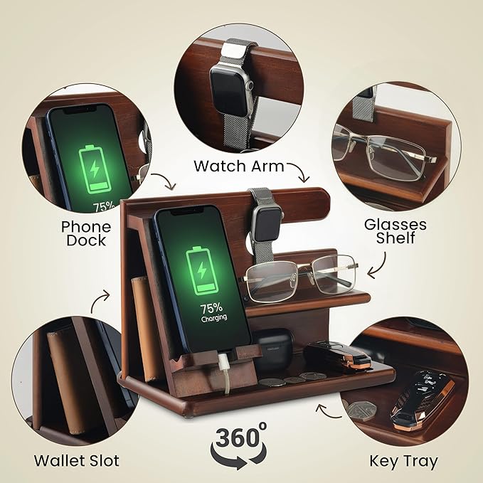 SHARPSPACE Night Stand Organizer – Wood Phone Docking Station, 360° Rotating Base with Charging Slot, Holds Watch, Wallet, Keys, Eyewear – Nightstand Organizer for Men, Bedroom or Office Use, Dark Brown