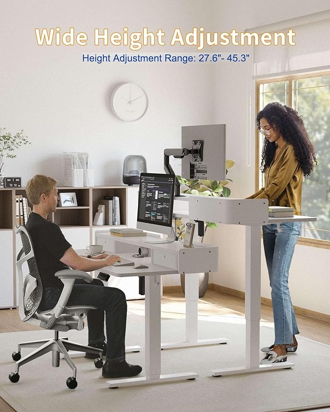 YIHAYO Electric Standing Desk with Drawers, 60 x 24 Inches Adjustable Desk with Storage Shelf, Computer Table with Splice Board for Home Office,White Frame/White Top