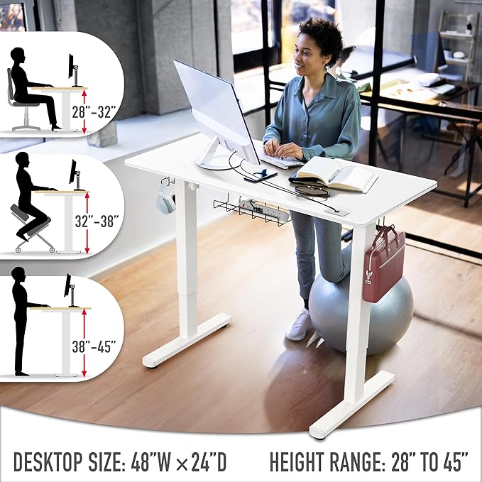 SHW 48-Inch Electric Height Adjustable Standing Desk with Drawer, Memory Preset and Cable Management Tray, White