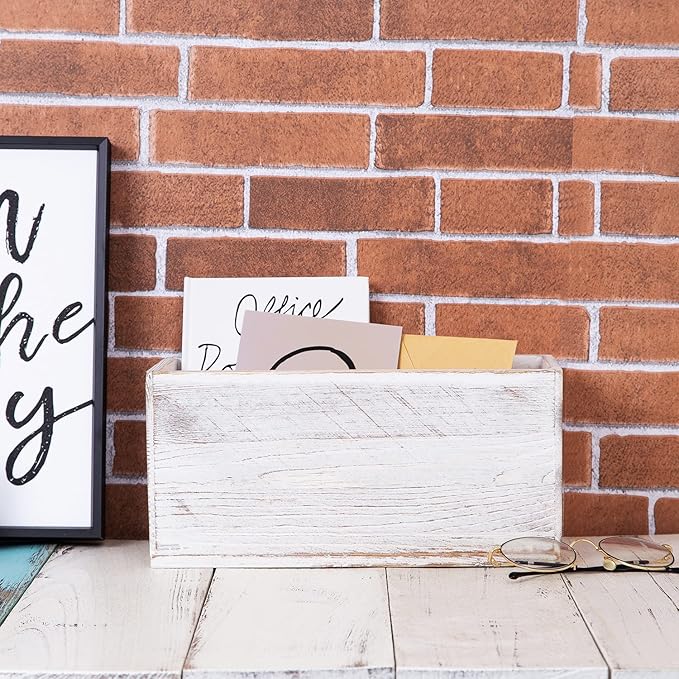 ExoLiry Rustic White Washed Wood Mail Box Storage Holder File Organizer Tabletop Wooden Basket Letter Script Design Envelope Folder Decorative Container Desk Home Office Entryway Bedroom Living Room