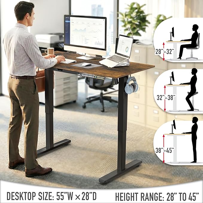 SHW 55 x 28 Inches Electric Height Adjustable Standing Desk with Drawer and Memory Preset, Rustic Brown