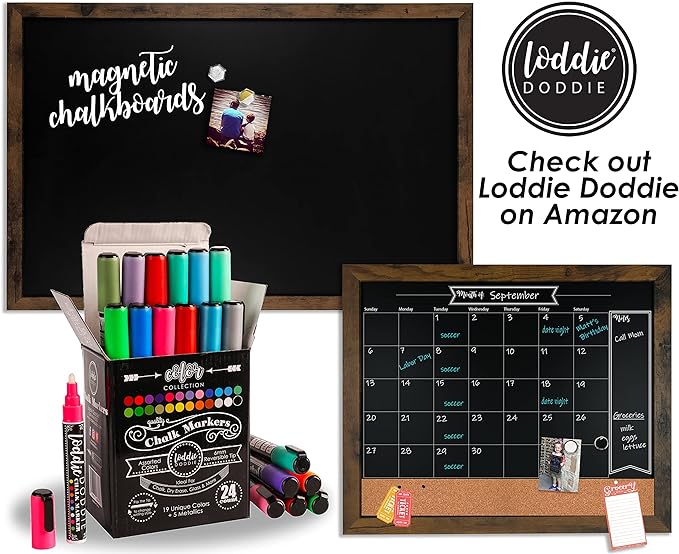 Loddie Doddie Magnetic Chalk Board - 20" x 30", White Rustic Wood Frame - Chalkboard Sign with Erasable Surface - Photo & Note Decorative Magnet Display - Easy Hang Magnetic Boards for Walls