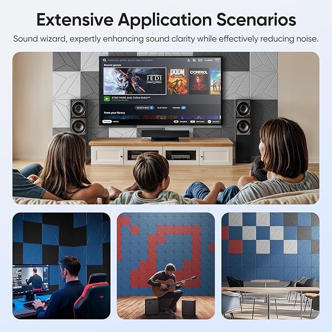 UNECHO 12 Pack 12" X 12" X 0.4" Acoustic Panels for Wall Sound Absorbing, P-Stripes Square Self-Adhesive Sound Panels, High Density Suitable for Multiple Scenarios(Black)