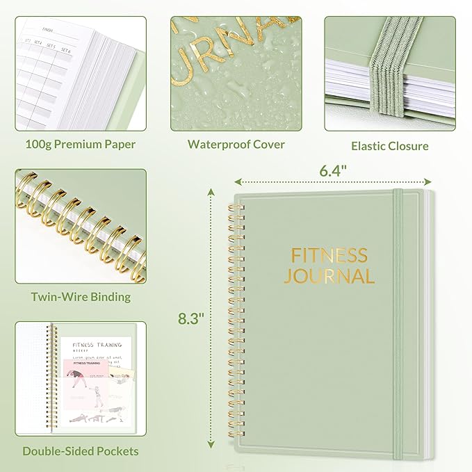 Fitness Journal Workout Planner for Women & Men, A5 (6.4" x 8.3") Workout Journal Log Book Planner Gift for Track Gym Essentials, Home Workouts, Track Progress, Achieve Wellness Goals, Green