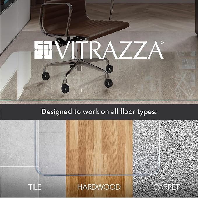 Vitrazza Glass Chair Mat 42” x 42” Superior ¼" thick, Chiaro Standard Clear, Certified Tempered Safety Glass, Delivers a Smooth Glide, Protects Carpet or Wood, Beautiful in Home or Office.