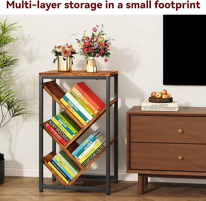 IBUYKE 5 Tier Tree Bookshelf, Small Desktop Bookshelf with Storage Organizer,for Books/CDs/Movies,Desk Display Bookcase for Bedroom Living Room,Rustic Brown,TBC003H