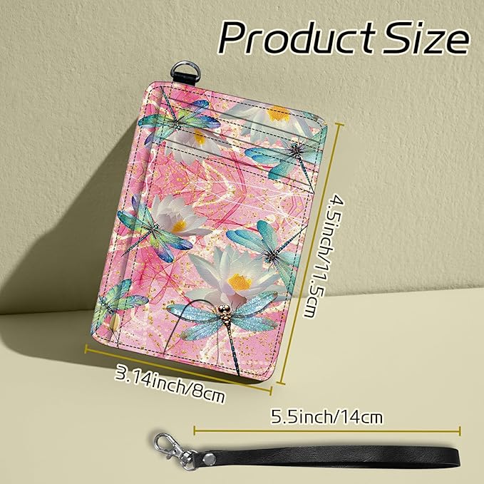 BWEGRHE Small Travel Wallets, Pink Dragonfly Slim Minimalist Front Pocket Wallet with Wristlet, RFID Blocking PU Leather Credit Card Holder with ID Window Change Purse for Men Women