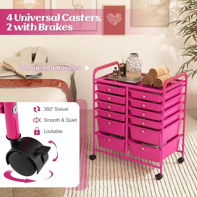 Happygrill 12-Drawer Rolling Storage Cart, Multipurpose Storage Cart W/Lockable Wheels, 2 Sizes Plastic Drawers & Metal Shelf, Mobile Utility Cart for Home Office School (Hot Pink)