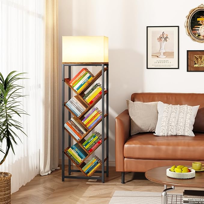 IBUYKE 9 Tier Tree Bookshelf, Floor Standing Wood Bookshelf for Narrow Space, Storage Organizer Bookcase for Books/CDs/Movies, Small Corner Bookcase for Bedroom Living Room,Rustic Brown,TBC002H