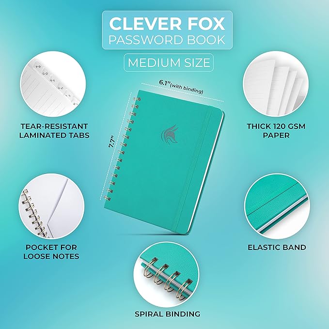 Clever Fox Password Book Spiral – Internet Address & Password Organizer with Laminated Alphabetical Tabs – Password Keeper Journal – Hardcover, Medium Size, 6.1x7.7” (Turquoise)