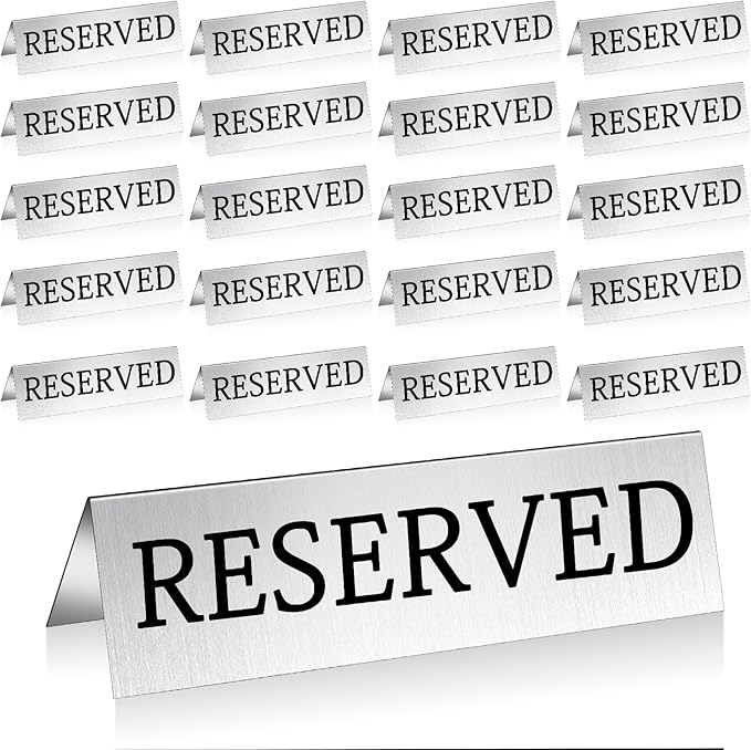 Milkary 30Pcs Metal Reserved Table Signs, Double Sided Reserved Seating Signs with Protect Film, Table Tent Stand Tents Reserved Sign for Wedding Restaurant Parties Ceremony 5.9 x 1.6 Inch Silver