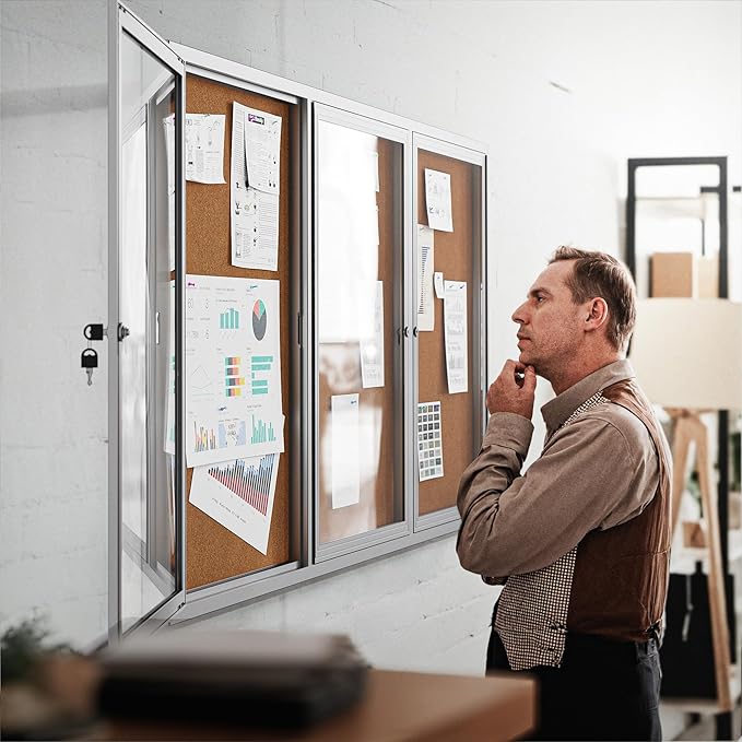 72"x36" Lockable Enclosed Bulletin Board, Outdoor Cork Weather-Resistant Aluminum Frame Notice Board, Wall Mounted Display Case Acrylic Doors for School,Office,Silver Frame w/Cork