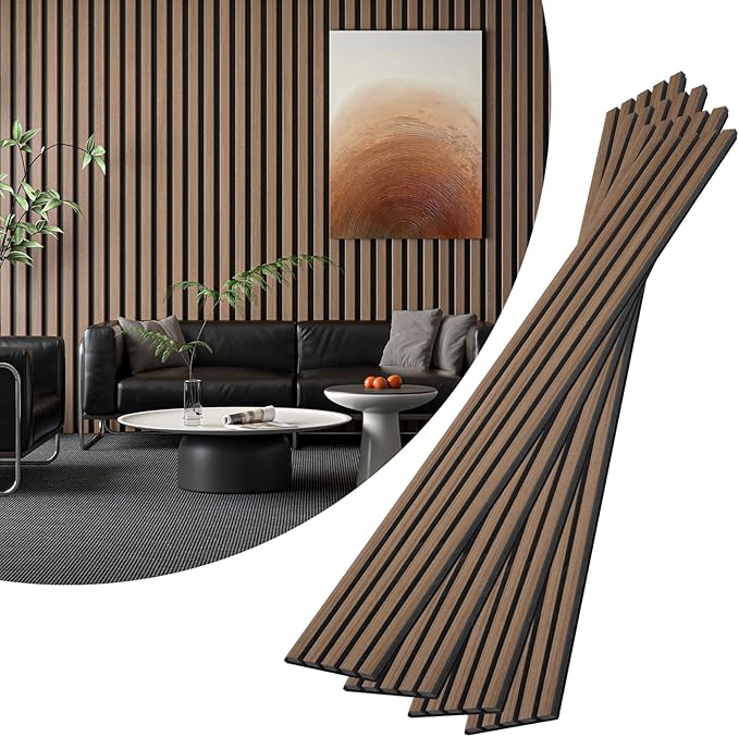 VallisCo 4-Piece Wood Slat Acoustic Panels for Stylish Interior Decor & Noise Reduction - 94.5" x 7.9" 3D Solid Wood Wall Panels for Ceiling and Wall, Covers 20.66 Sq Ft, Walnut