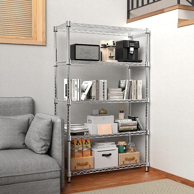 M MZG 1250 lbs Steel Heavy Duty 5-Tier Utility Shelving Unit Steel Organizer Wire Rack for Home,Kitchen,Office,Chrome (13.7" D x 23.6" W x 62.4" H)