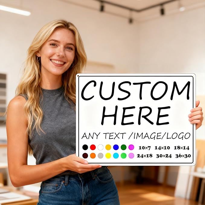 Custom Signs-14×10inches-Metal Sign Customized Sign with Your Text,Logo,photo,Prefabricated holes,easy installation, optional reflective,for Indoors/outdoors