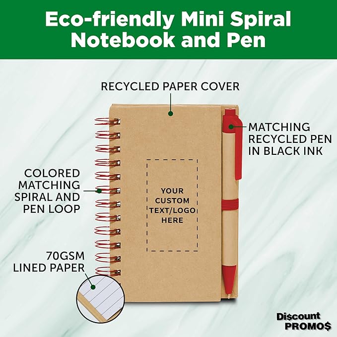 Custom Mini Spiral Notebooks with Black Ink Pens Set of 10/50/100, Personalized Bulk Pack - Perfect for School, Office, Business, Home - Red