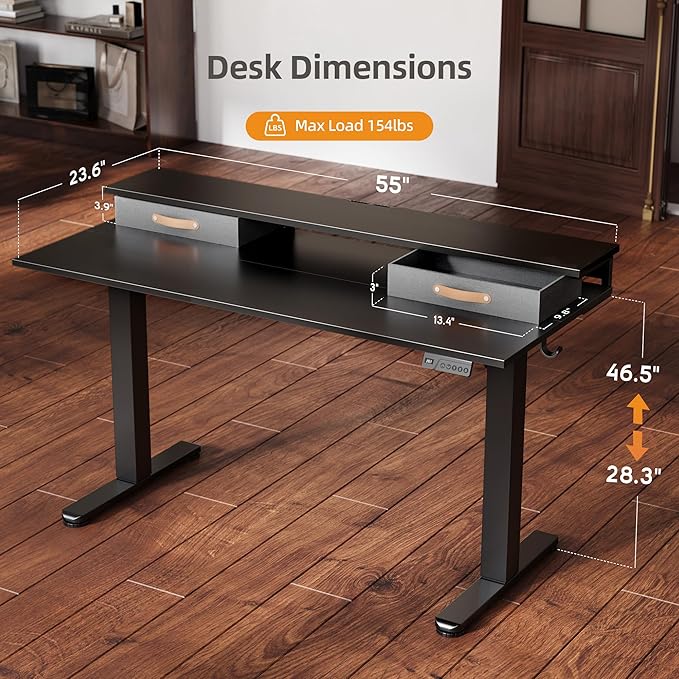 Claiks Electric Standing Desk with 2 Drawers, Adjustable Standing Desks with Storage, Height Adjustable Stand up Desk for Home Office with 2 Hooks,55 Inch Black