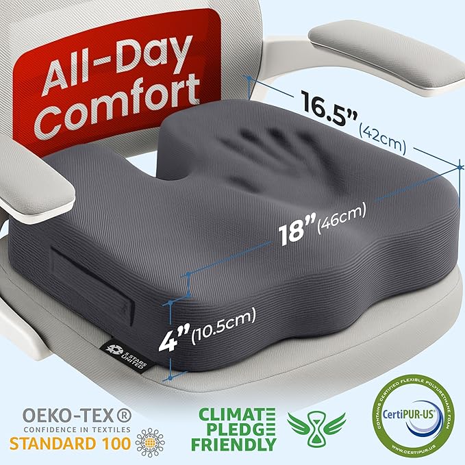 5 STARS UNITED Seat Cushion for Tailbone Pain Relief – Memory Foam Cushion for Coccyx, Hip, Sciatica & Post-Surgery Recovery – Wheelchair, Car, Desk, Gaming & Office Chairs, Dark Gray, X-Large