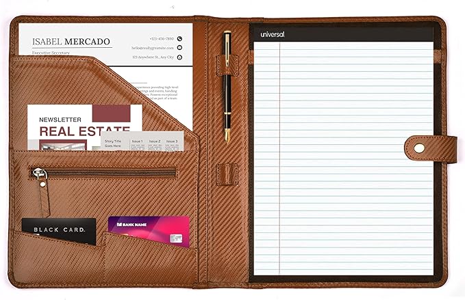 LEATHER VILLAGE Portfolio Professional Organizer – Carbon Fiber Genuine Leather Padfolio Resume Folder for A4 Letter Pad with Pen Holder, Business Card Slots & Writing Pad – Ideal for Men & Women-Tan