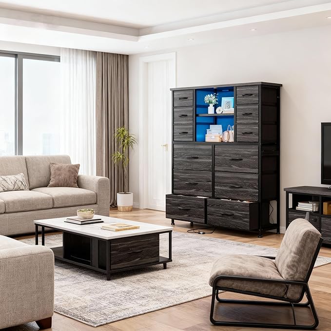 EnHomee Dresser for Bedroom with Charging Station & LED Light, Large Dresser for Hallway, Living Room, Entryway, Metal Frame, Black Dressers & Chest of Drawers, 50.6" H x 37.8" W x 11.8" D