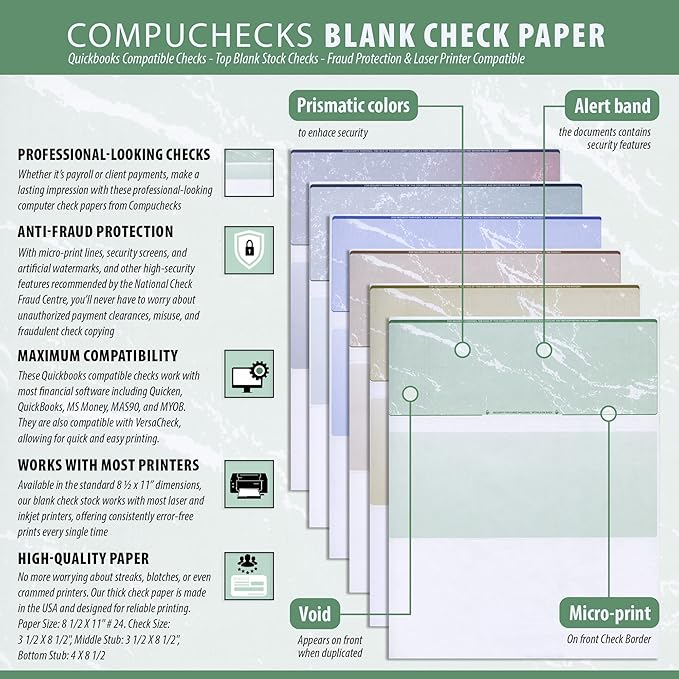 Compuchecks Check on Top Blank Check Paper - 2500 Pack, Quick-Books & Laser Printer Compatible - Security Business Checks with Voucher - 8.5" x 11" Green Marble