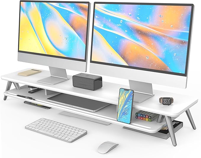 Fenge Dual Monitor Stand, Monitor Stands Riser for 2 monitors, 42.5 Inch Wood Desk Shelf with Storage Organizer and Cable Management for Office Desk Accessories