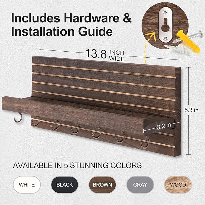 Lwenki Decorative Key Holder for Wall with Shelf, Entryway Shelf with Hooks Holds Leashes, Jackets and Glasses – Sturdy Wood Keyholder Entrance Hanger with Mounting Hardware (Brown, Large)