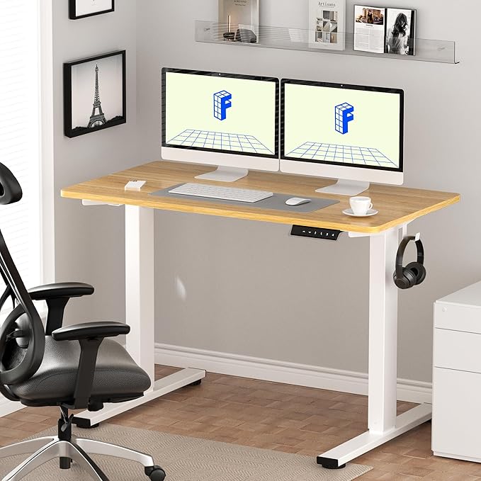 FLEXISPOT EN1 One-Piece Standing Desk with 1-Inch Thick Seamless Desktop, 55"x28" Electric Height Adjustable Desk for Home Office, Multi-Monitor Setups & Easy Assembly, Maple
