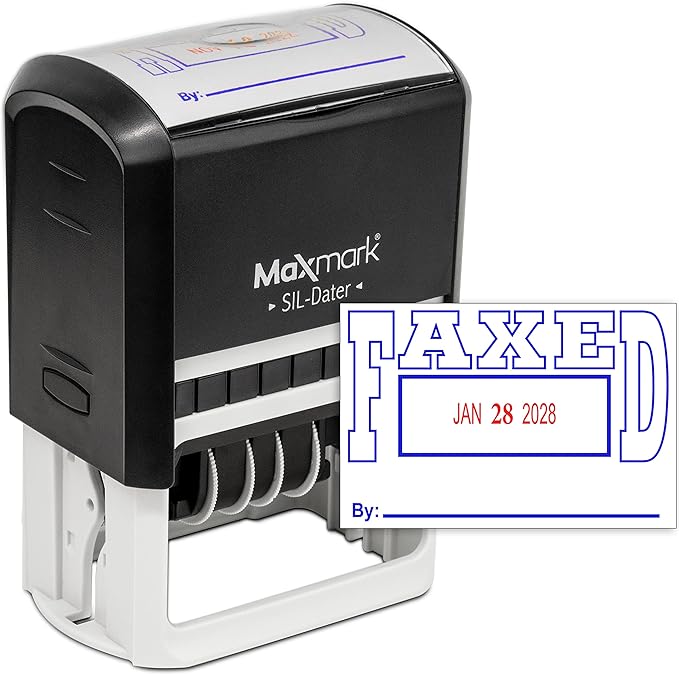 MaxMark Large Self-Inking Rubber Date Office Stamp with Faxed Phrase & Date - Blue/Red Ink, 12-Year Band - Style 5