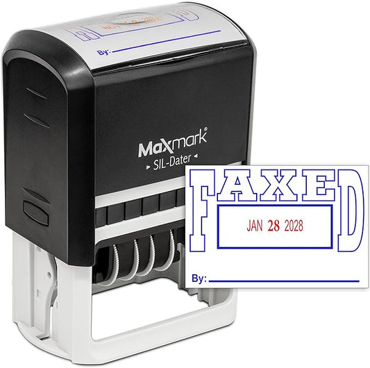 MaxMark Large Self-Inking Rubber Date Office Stamp with Faxed Phrase & Date - Blue/Red Ink, 12-Year Band - Style 5