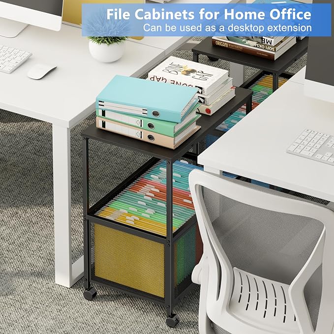 Sbanmao Rolling File Cart, Mobile Hanging File Cabinet with Wheels, Filing Cabinet Organizer Printer Stand File Organizer File Cabinet for Home Office, Black (120~150 Letter-Size Files)