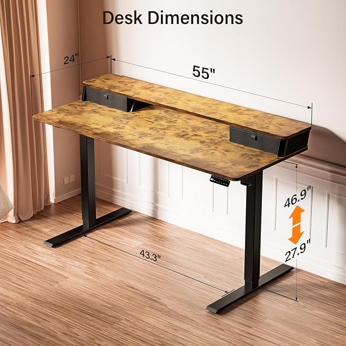 Kingant 55 x 24 Inch Electric Standing Desk with Dual Drawers, Height Adjustable Sit to Stand Computer Desk with Storage Shelf and C-Clamp Mount Compatibility for Home Office, Rustic Brown