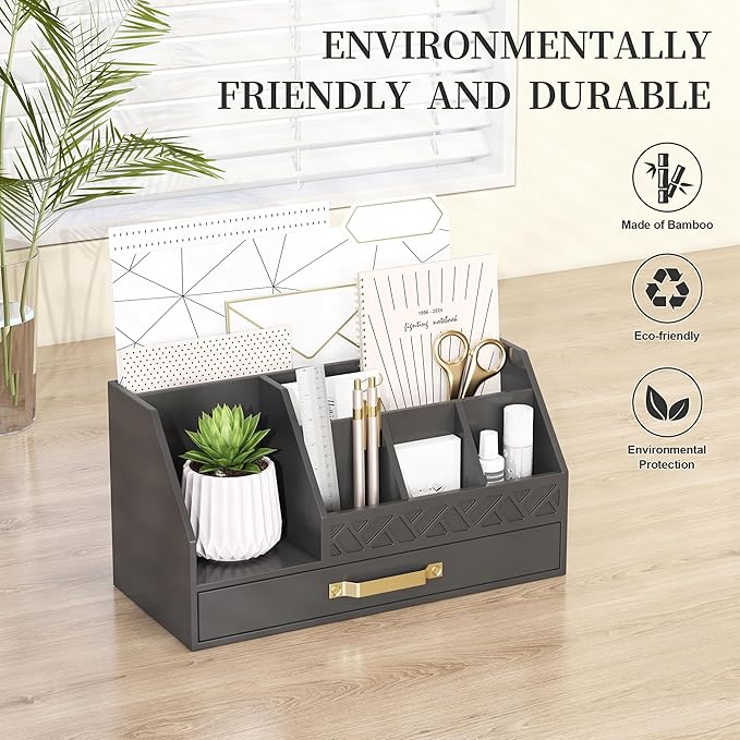 Wisuce Bamboo Mail Organizer Countertop with Drawers, Wooden Desk Organizer File Bill Sorter Storage Box for Desktop Letter Envelope Countertop Holder for Office Home School Organization