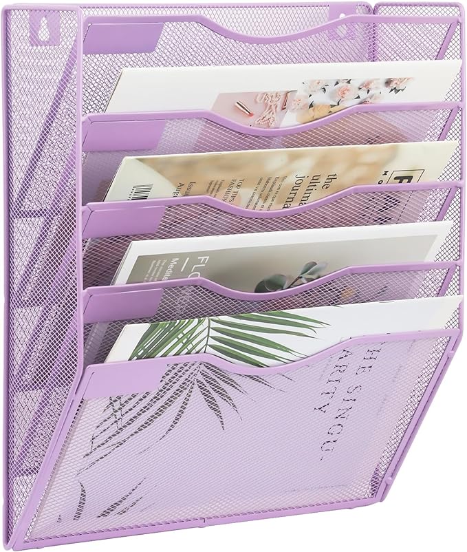 EASEPRES 5 Pocket Mesh Hanging Wall File Organizer, Wall Mounted Mail Paper Document Folder Holder, Clipboard Storage Organization Magazine Rack with Nametag Label for Office Home School, Light Purple