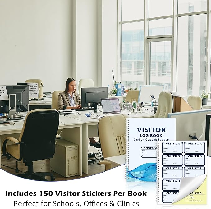 1 Pack of 150 Visitor Badges Registry Log with Carbon Copy Visitor Stickers Letter Size Visitor Log Book Extras Protecting Privacy Pages Spiral-Bound Self Visitor Badges Guest Register Book(1)