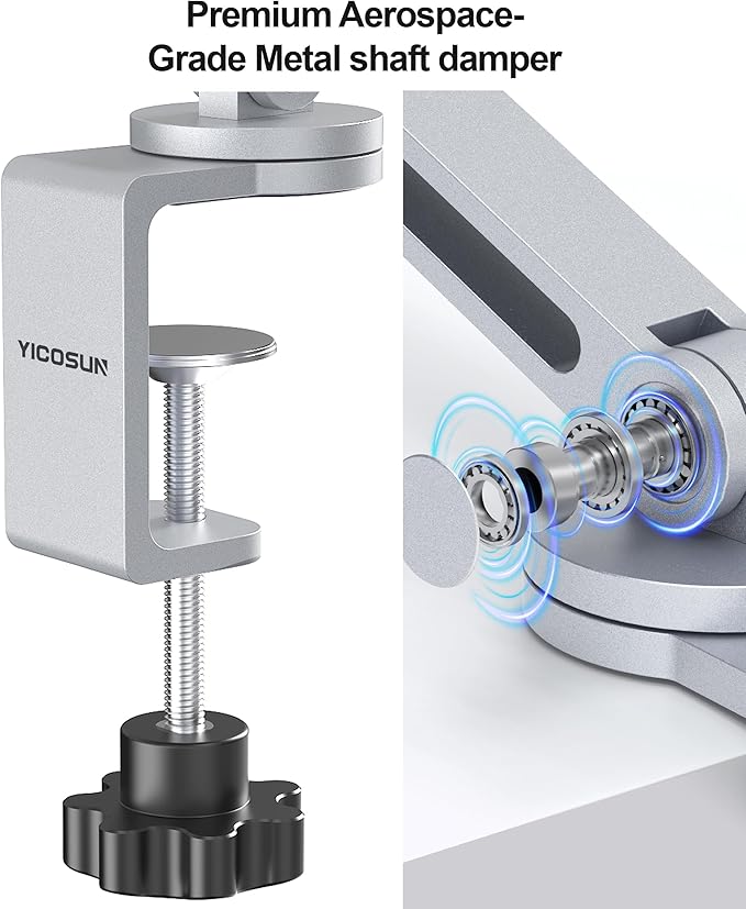 YICOSUN Tablet Arm Mount with Super Grip, Adjustable Foldable Holder & Heavy Duty Aluminum 360° Rotating Clamp for iPad, Phone, Monitor, Kindle - Universal for Desk, Bed, Kitchen - Silver