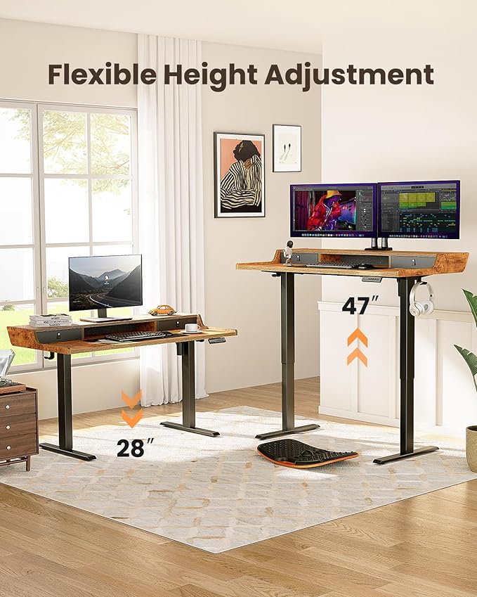 ErGear Electric Standing Desk with Drawers, 48″ x 24″ Gaming Table Compatible Monitor Stand, Stand up Desks, Home Office Height-Adjustable Desk with Storage Shelf, 4 Preset Heights, Vintage Brown