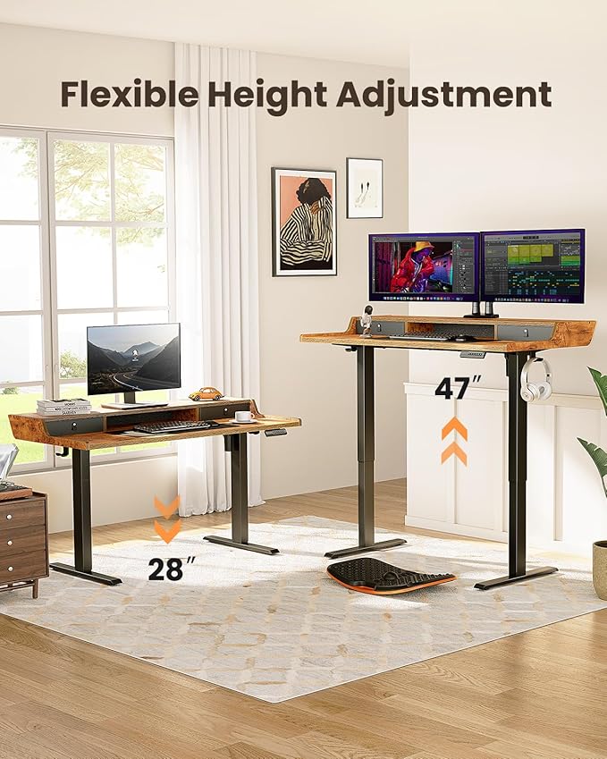 ErGear Electric Standing Desk with Drawers, 55″ x 28″ Gaming Table Compatible Monitor Stand, Stand up Desks, Home Office Height-Adjustable Desk with Storage Shelf, 4 Preset Heights, Vintage Brown
