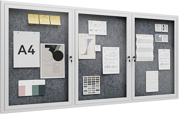 72"x36" Lockable Enclosed Bulletin Board, Outdoor Flet Weather-Resistant Aluminum Frame Notice Board, Wall Mounted Display Case Acrylic Doors for School,Office,Silver Frame w/Grey Flet