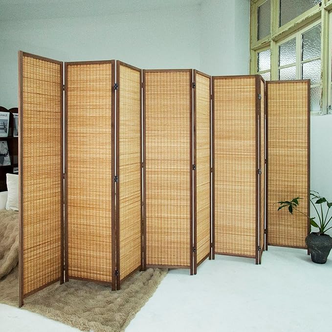Loomveil 8 Panel Room Divider Folding Privacy Screen,67 inch Bamboo Panel Divider for Home Partition,Brown