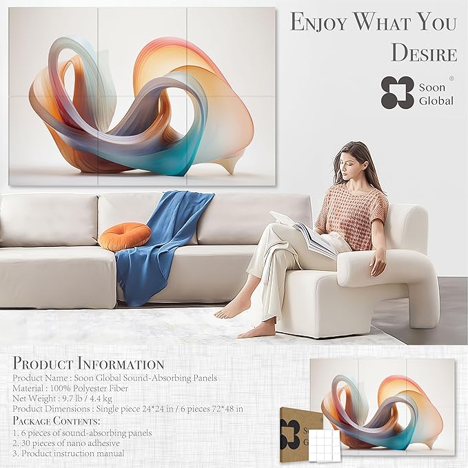 Soon Global Acoustical Wall Panels, 72 X 48 Inches Art Acoustic Panels, Decorative Acoustic Panels, Acoustic Wall Panels, Sound Absorbing Wall Art, Fluid