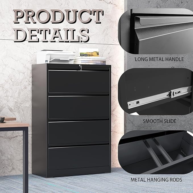 mysteeldepot 4 Drawer Lateral File Cabinet with Lock, Metal File Cabinet, Lateral File Cabinets for Home Office, Heavy Duty File Storage Cabinet for Legal/Letter/A4 Document, Assembly Required, Black