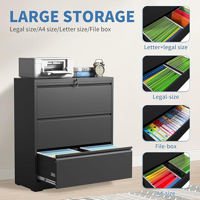 FLIXELIO 3 Drawer File Cabinet, Black Office Cabinets with Lock, Heavy Duty Metal Filing Cabinet for Home Office, Horizontal Lockable File Cabinet for Legal/Letter/A4 Size Files, Require Assembly