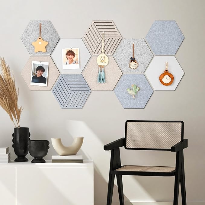 12'' Medium Hexagon Cork-Bulletin Board Tiles Adhesive 10PCS 12x10 inch Frameless Sticky Corkboard Hex Felt Pin Board for Office-Wall Decor, Removable Hexagonal Tack Pinboard with 30 Pushpins