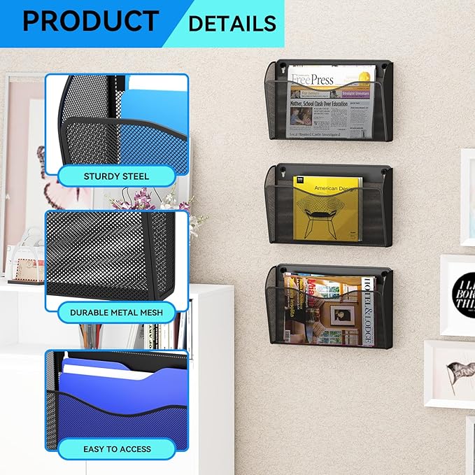 GDINDINFAN Single Pocket Wall File Holder, Mesh Hanging File Folder Paper Organizer, Vertical Wall Mounted Mail Basket, Storage Organization Magazine Rack for Office, Home and School, Black