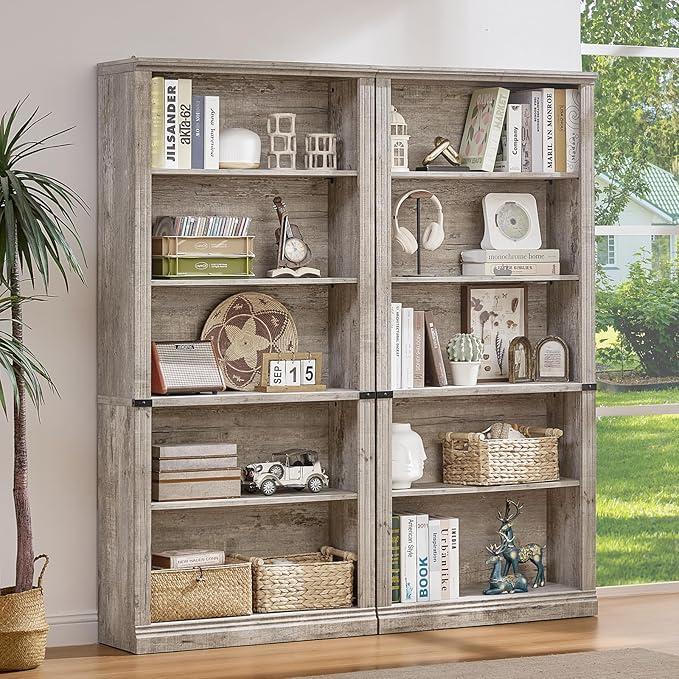 RWYHG 70" Grey Tall Bookshelf Set of 3,5-Tier Thick Wooden Book Shelf with Adjustable Shelves,Free Standing Farmhouse Bookcase with Open Display Storage,Floor Vintage Bookshelves for Living Room