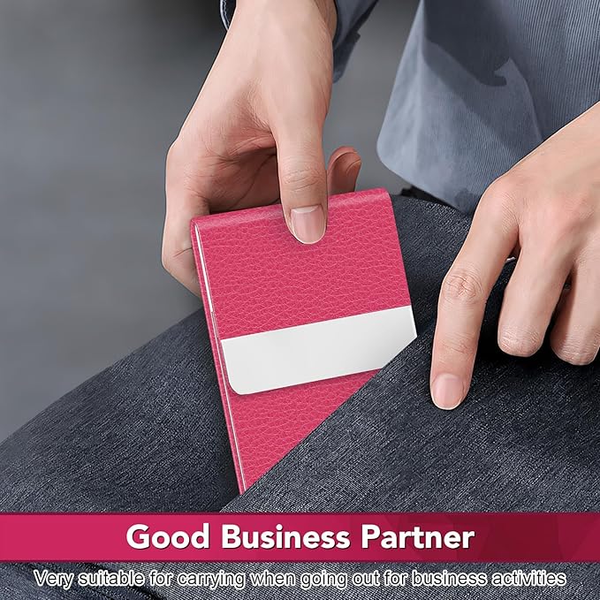 Business Card Holder with Ultra Slim Design, Business Card Case with Premium PU Leather, Suit Pocket Metal Card Holder for Women/Men, Magnetic Closure Quick Access Cards