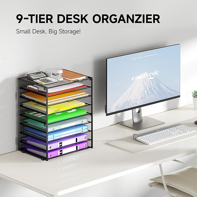 Cawukege 9 Tier Paper Organizer with Handle, Large Capacity Desk Organizer Mesh File Folder Letter Paper Tray Desktop Document Sorter for Classroom, School, and Office Accessories Organization- Black