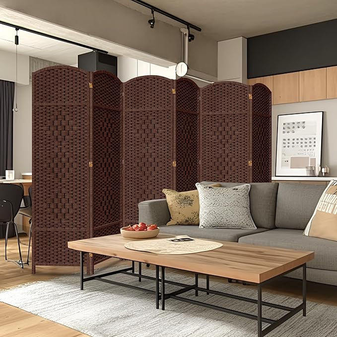 DURASPACE 6 Panel Room Divider, 6ft Tall Folding Privacy Screen, 19.5" Wide Panels, 360°Rotation, Hand-Woven Freestanding Wood Partition for Room Separation